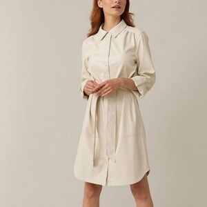 Joseph Ribkoff Cream faux leather button down Mini belted Shirt Dress small